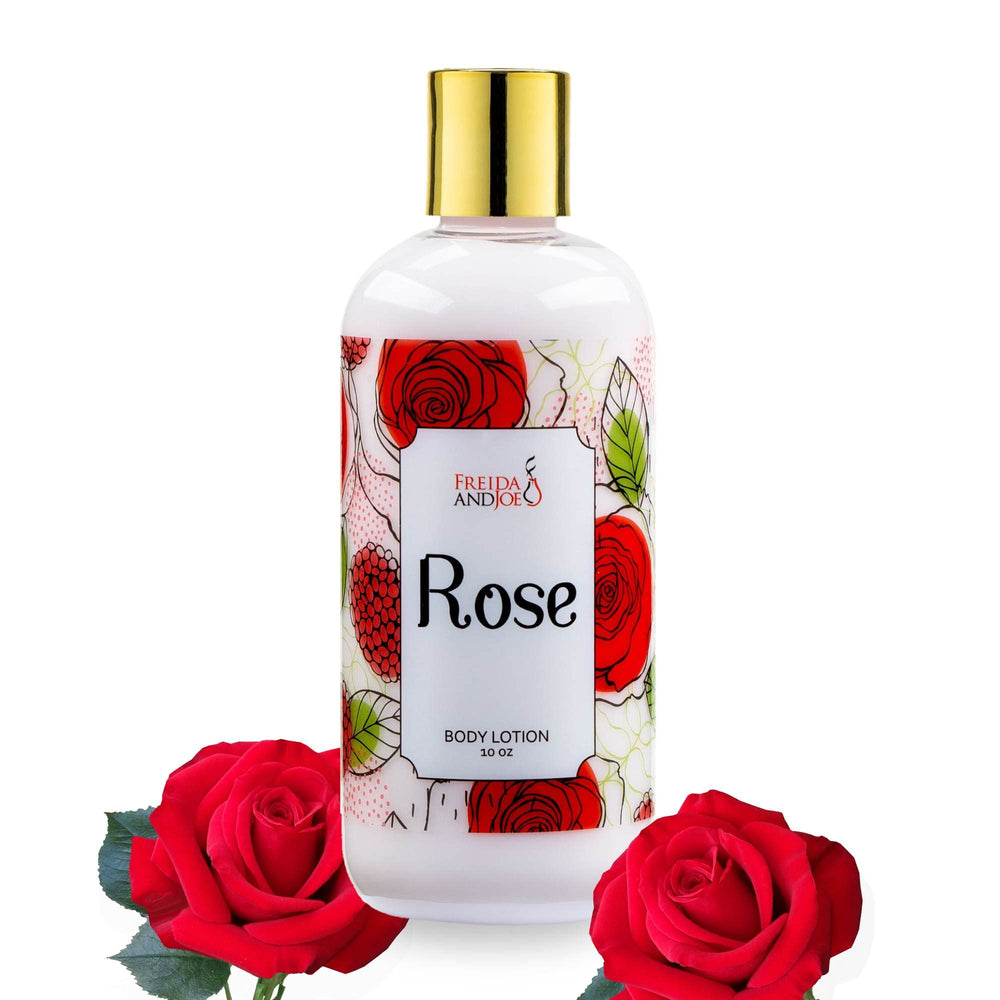 Freida and Joe Rose Lotion bottle highlights luxurious hydration and lasting fragrance.