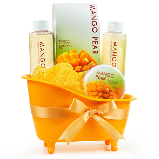 Freida and Joe mango pear bath salts in orange tub, luxurious at-home spa