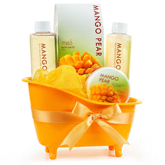 Freida and Joe mango pear bath salts in orange tub, luxurious at-home spa