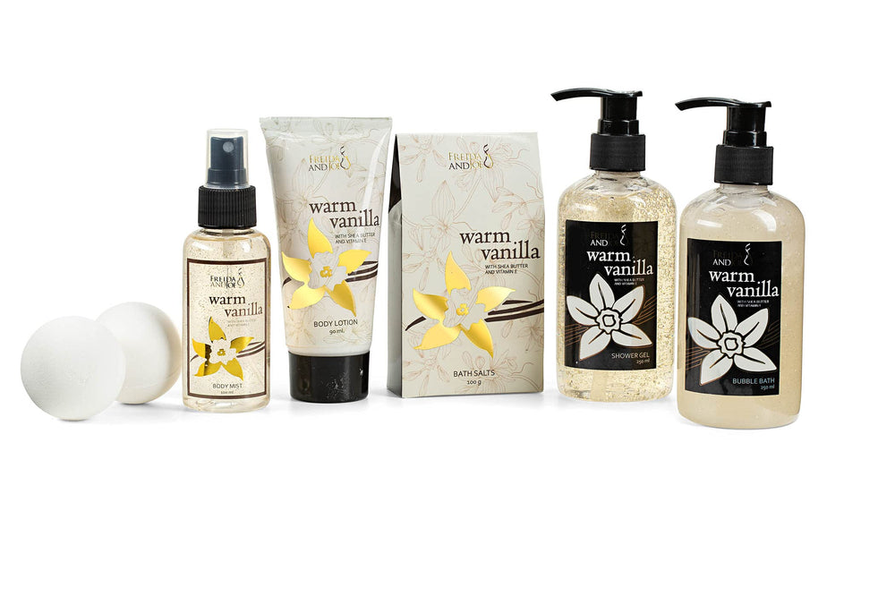 Freida and Joe Warm Vanilla Bubble Bath for relaxation and skin nurture.