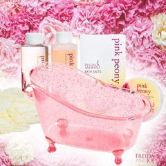 Freida and Joe body puff with peony for luxurious lather and exfoliation.
