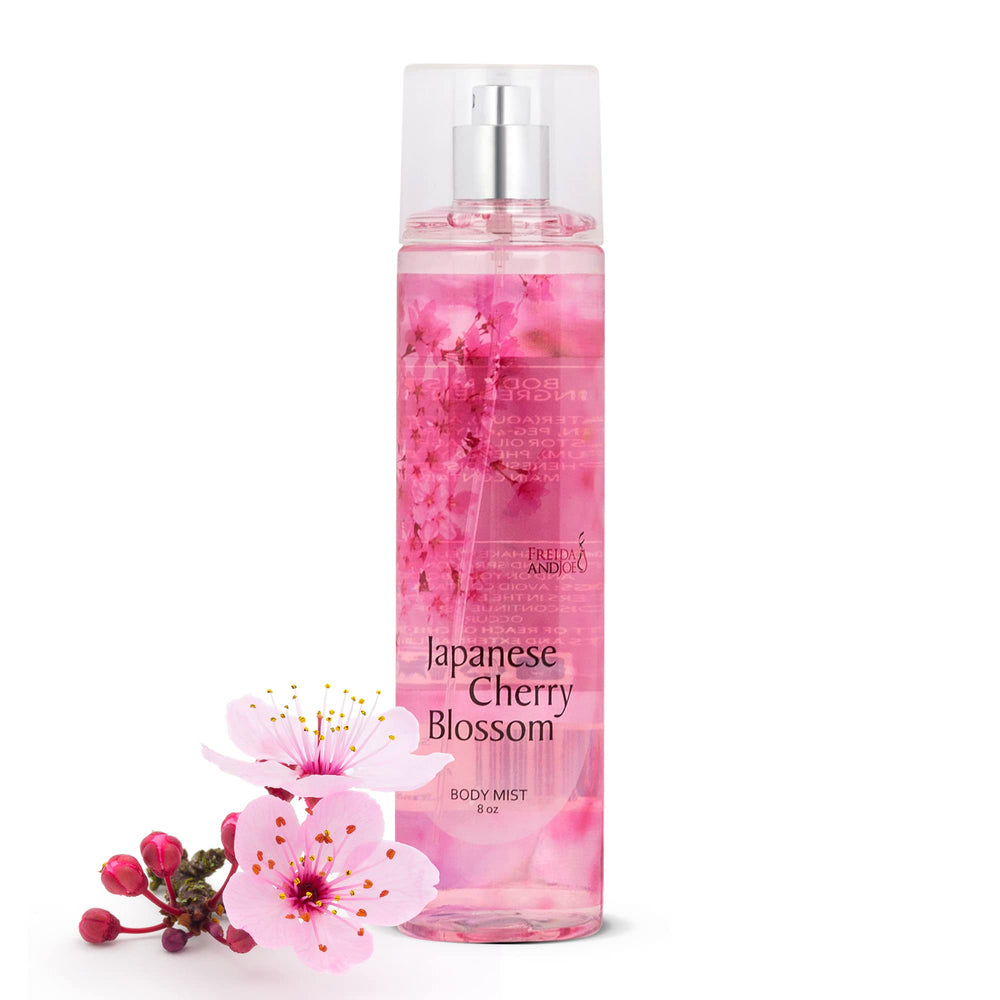 Freida and Joe Japanese Cherry Blossom body mist bottle front, delicate floral scent for everyday freshness.