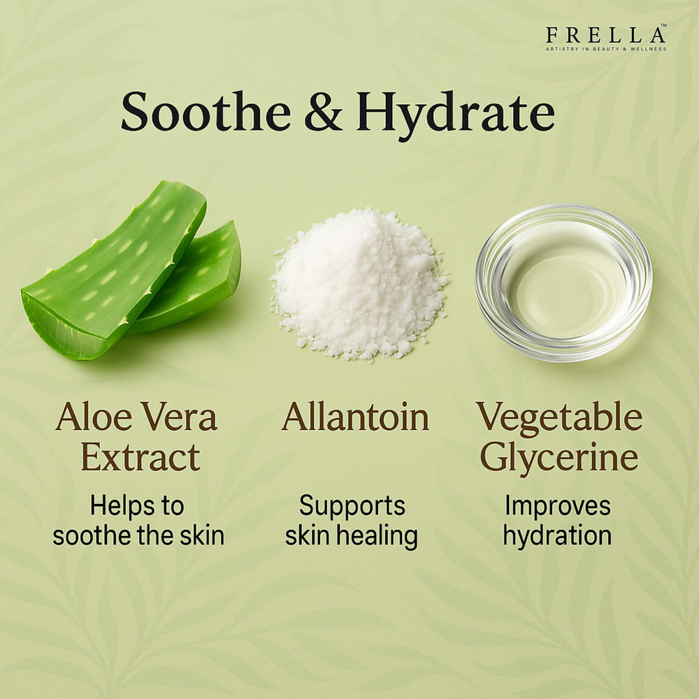 Frella Aloe Vera Face Body Hair Application demonstrates versatile daily use
