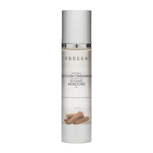 Frella Cinnamon Oil bottle showing easy daily use for skin and hair care.