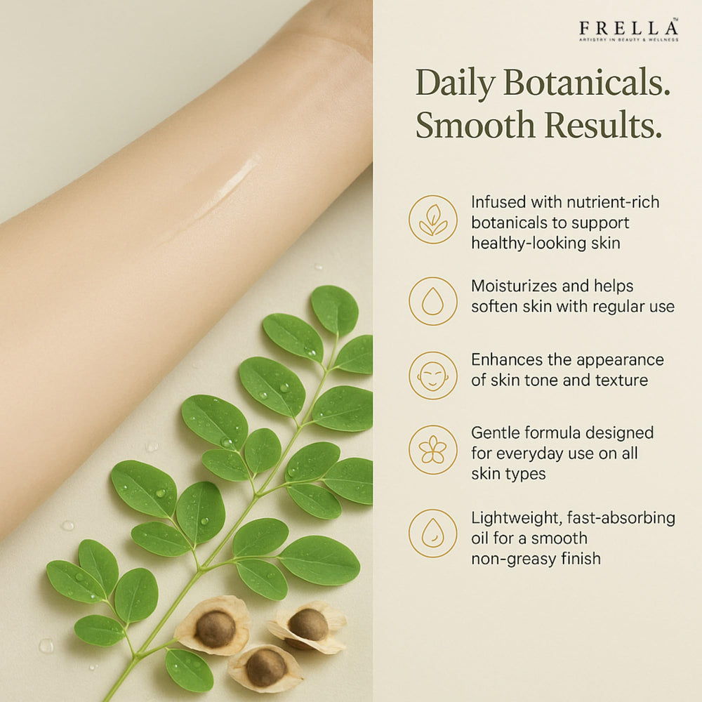 Frella Moringa Oil hair application demonstrates hydration and softness.