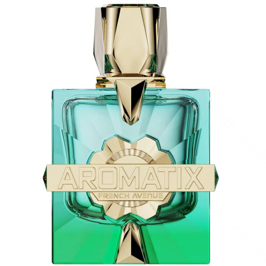 French Avenue Sun Kissed bottle front with turquoise glass and gold accents for daytime elegance