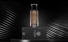 Bottle under warm lighting evokes premium, confident aroma.