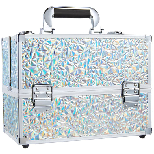 Frenessa makeup case glitter silver closed for on-the-go cosmetics protection.
