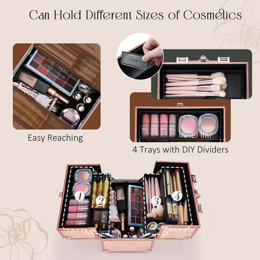 FRENESSA makeup case showing extendable four-tier trays for quick access.