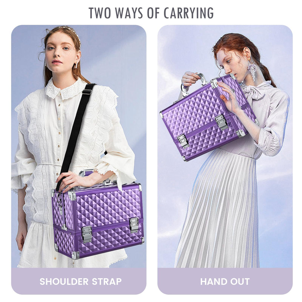 FRENESSA train case locking mechanism keeps cosmetics secure during travel.