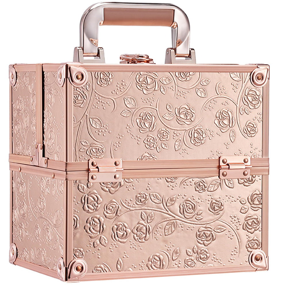 FRENESSA makeup train case with rose gold floral exterior for stylish travel protection.