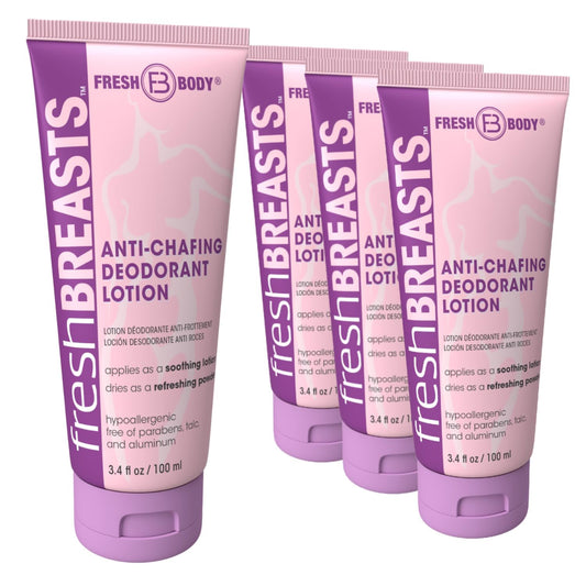 Fresh Breasts anti-chafing cream bottle demonstrating quick-dry action for all-day dryness
