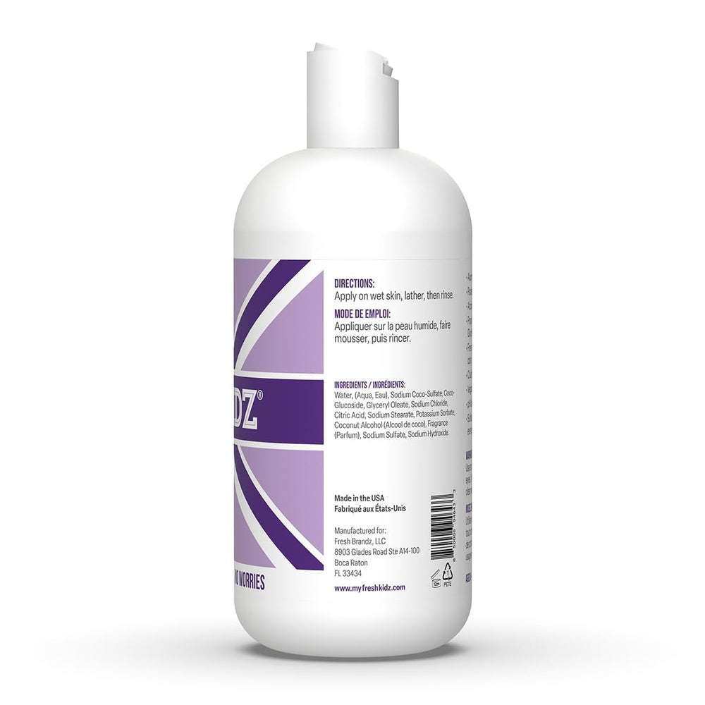 Close-up of Fresh Kidz body wash noting vanilla and jasmine scent notes.