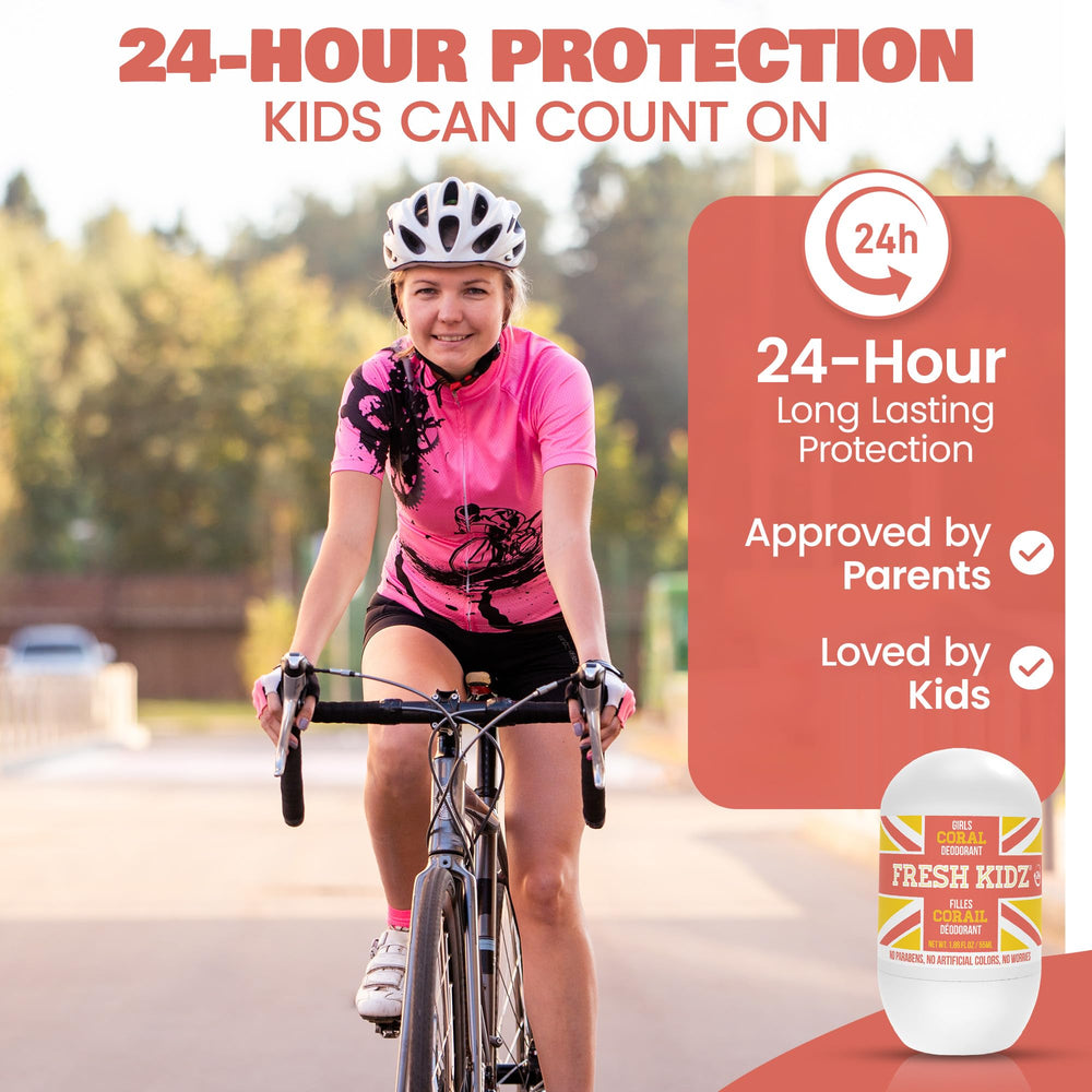 Fresh Kidz Coral aluminum-free label emphasizes safe, chemical-free hygiene choices.