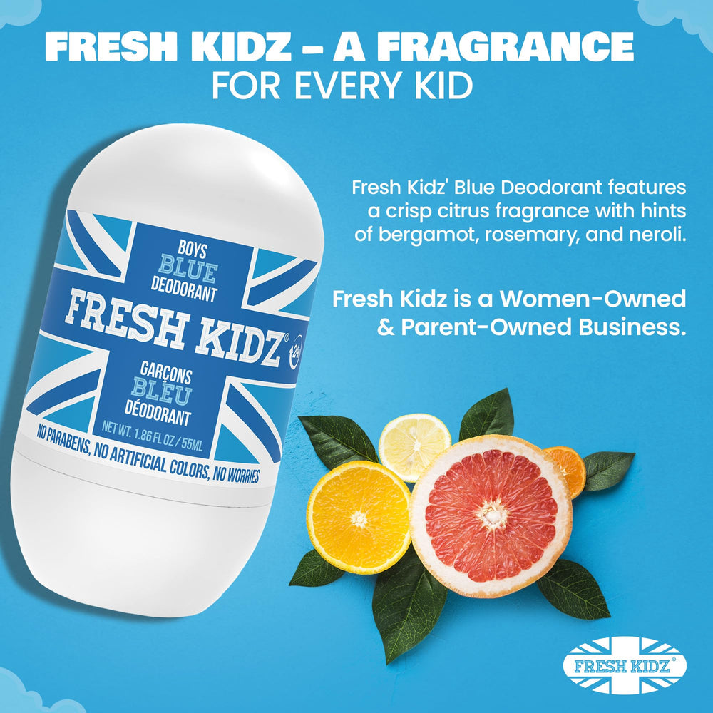 Fresh Kidz Roll On Deodorant Blue bottle with aroma notes of Bergamot.