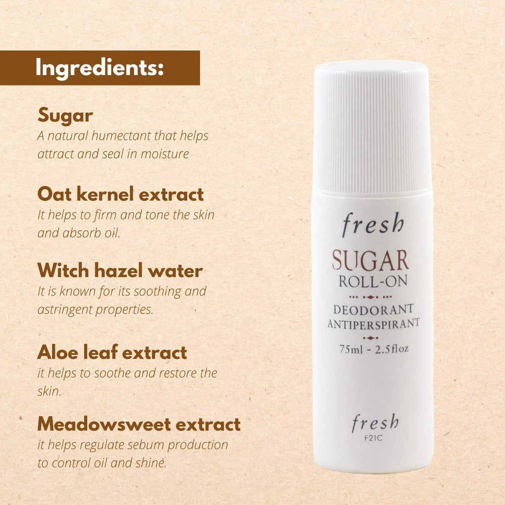 Fresh Sugar Roll-On packaging highlighting compact 75 ml size for on-the-go use.