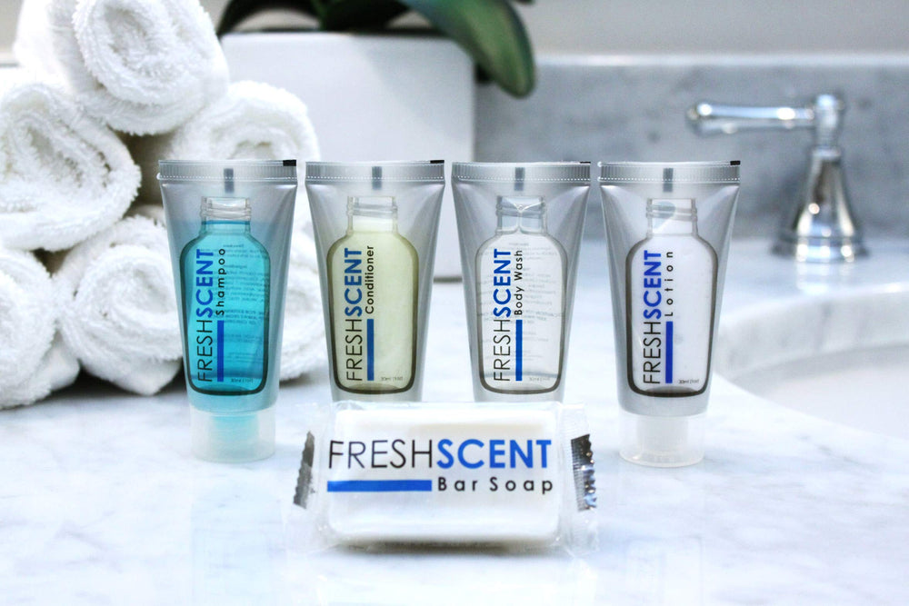 Freshscent bar soap packaging designed for bulk hospitality distribution.