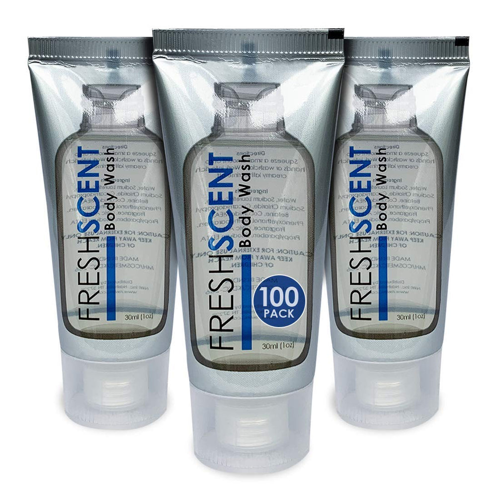 Freshscent body wash bottle top shows easy-access design for guests