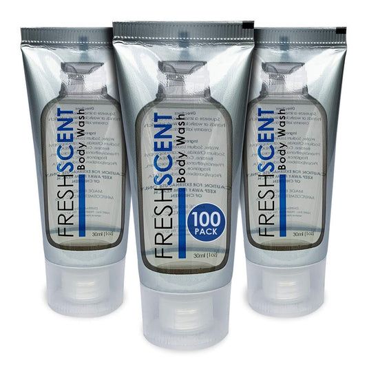 Freshscent body wash bottle top shows easy-access design for guests