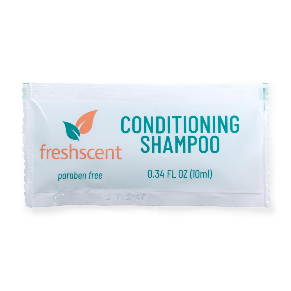Freshscent Conditioning Shampoo single-use packet front, ideal for travel and gym bags.
