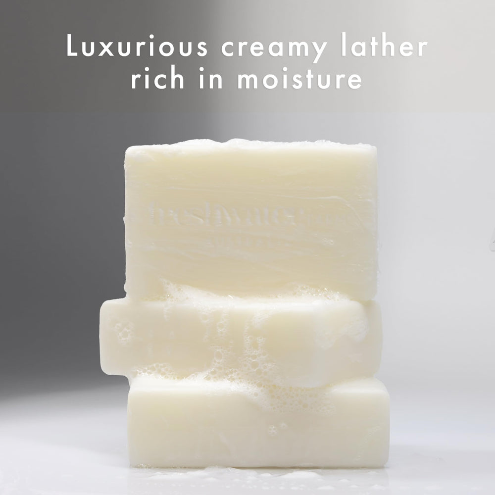 Freshwater Farm Australia energizing castile soap lather-bubble demonstrates gentle cleansing and aromatic peppermint notes.