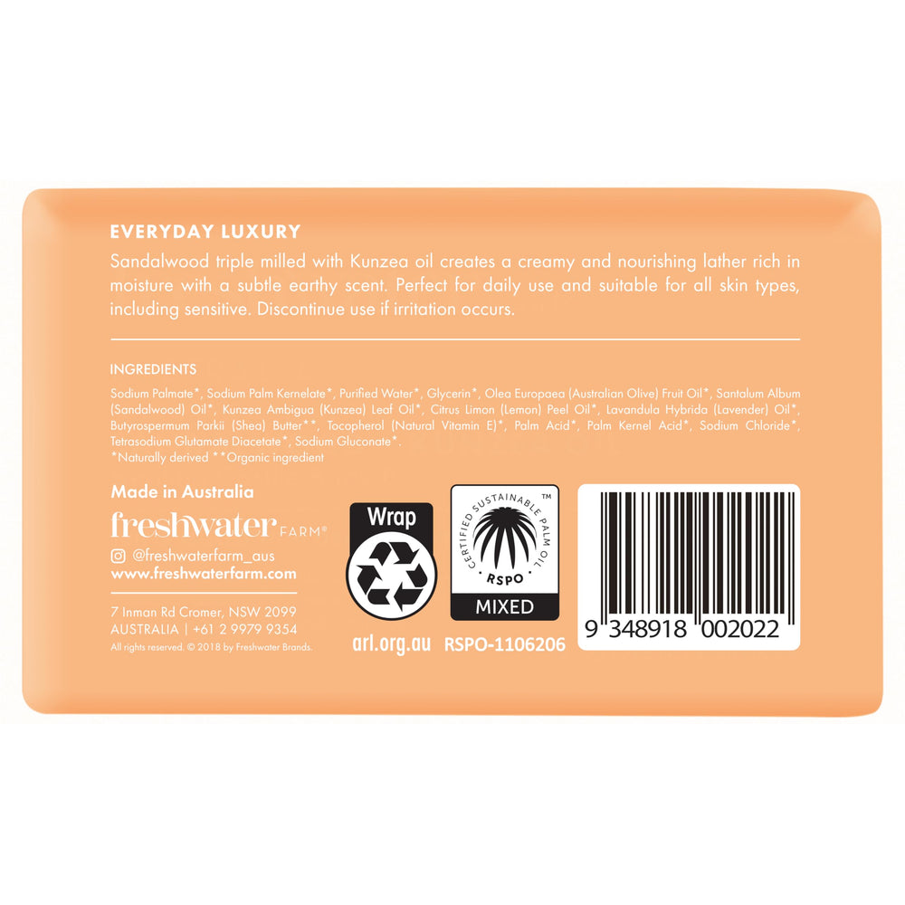 Freshwater Farm Australia Healing Sandalwood Kunzea Bar lathering for a rich, creamy wash.