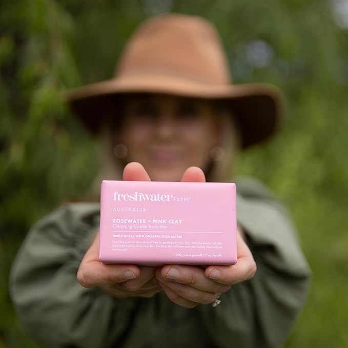 Freshwater Farm Australia recyclable paper wrap; responsible packaging complements gentle cleansing.