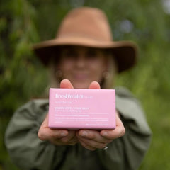 Freshwater Farm Australia recyclable paper wrap; responsible packaging complements gentle cleansing.