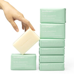 Freshwater Farm Australia tea tree eucalyptus soap bar packaging shows eco-friendly wrap for the family.