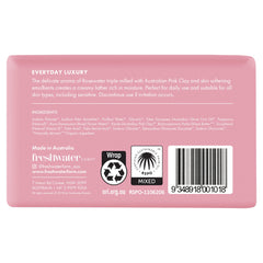 Freshwater Farm Australia triple-milled rosewater bar closeup; smooth, rich lather for dry skin.