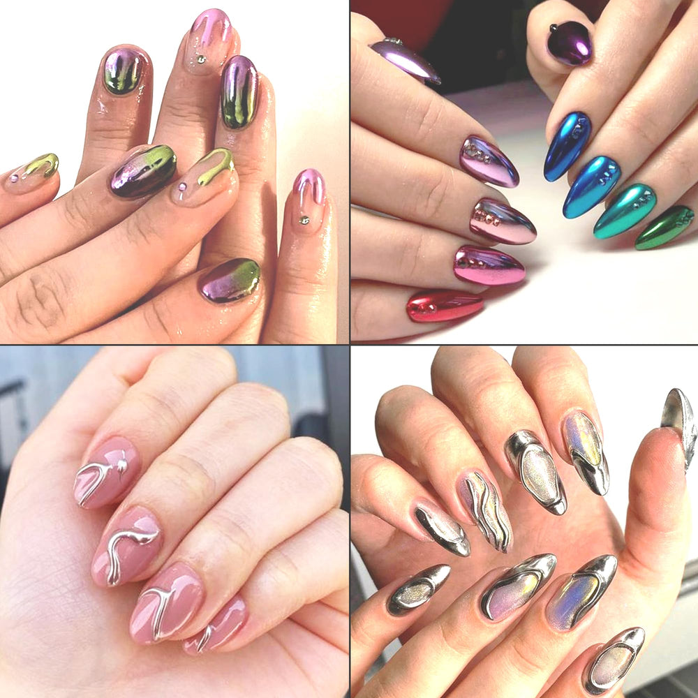 FSpronail chrome powder on nails close-up shows luminous mirror-like finish.