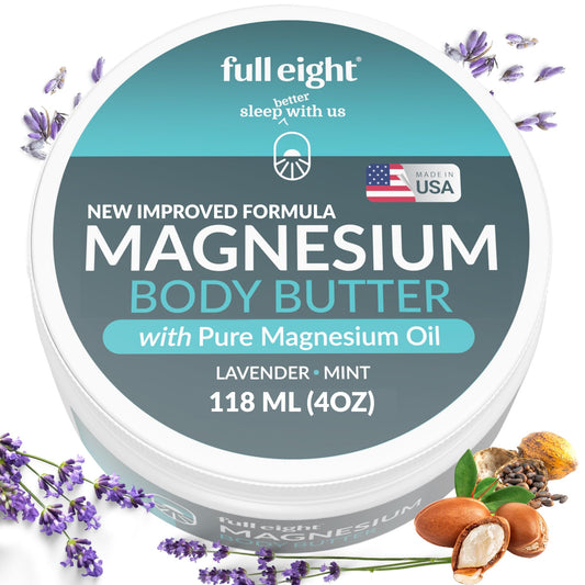Full Eight magnesium body butter jar shows rich texture for deep tissue comfort.