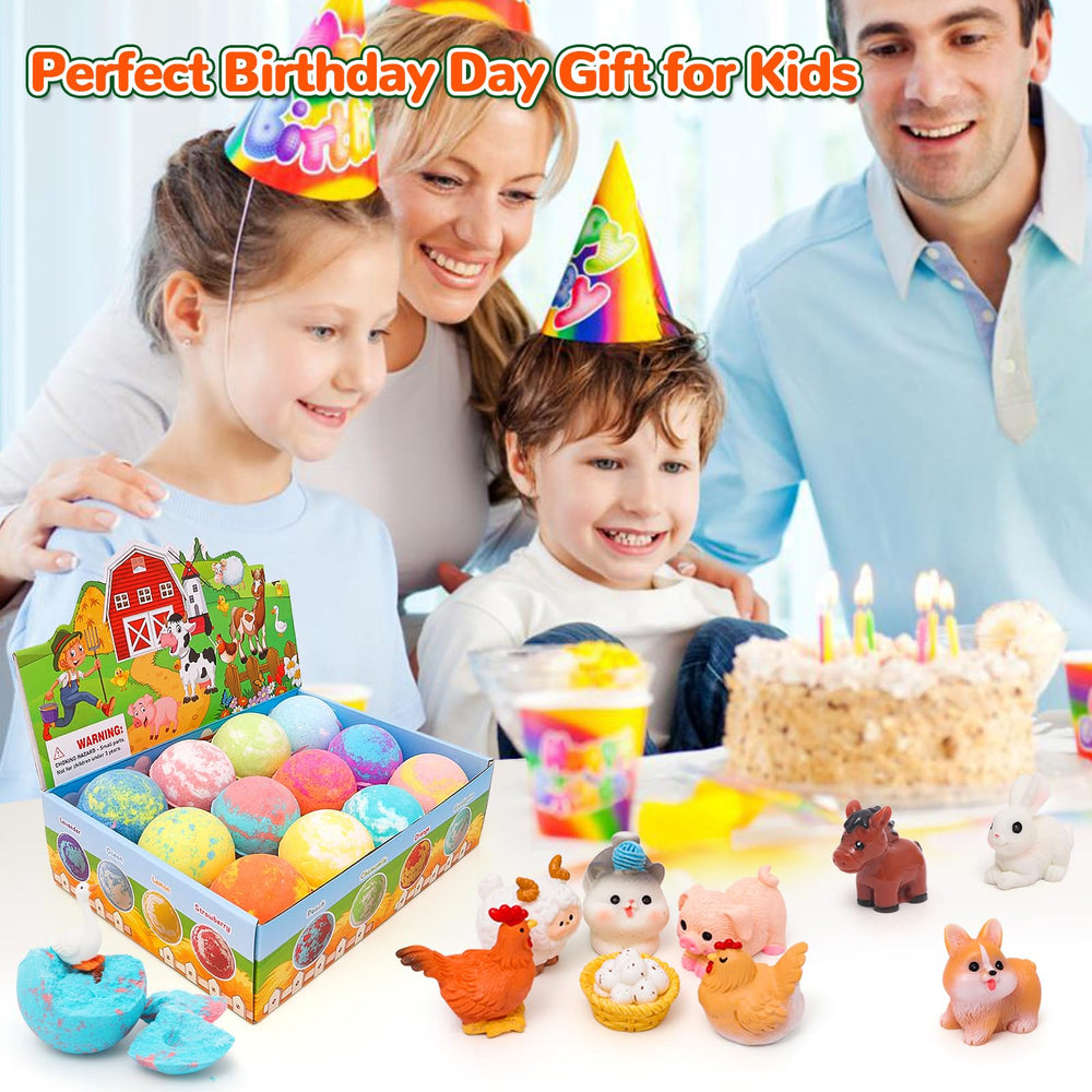 Funcrevity bath bombs reveal a hidden toy as fizz surfaces in water.