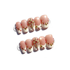 FURNUNUBI pink square press-on nails with white tip and gold cross for a chic look