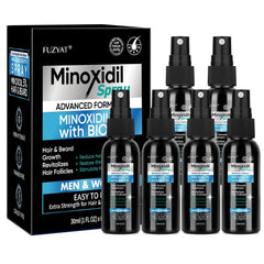 The FUZYAT 5% Minoxidil spray bottle demonstrates hair growth support.