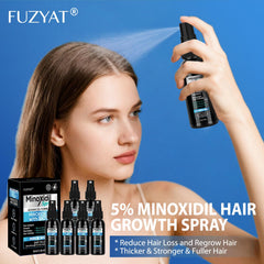 The FUZYAT spray-on application shows targeting thinning areas on dry hair.
