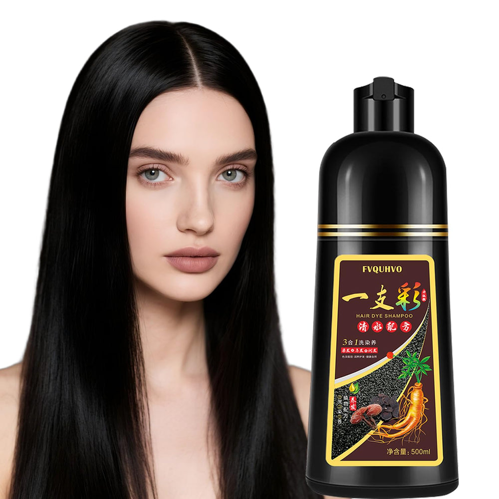 Fvquhvo Black Hair Dye Shampoo bottle with quick gray coverage.