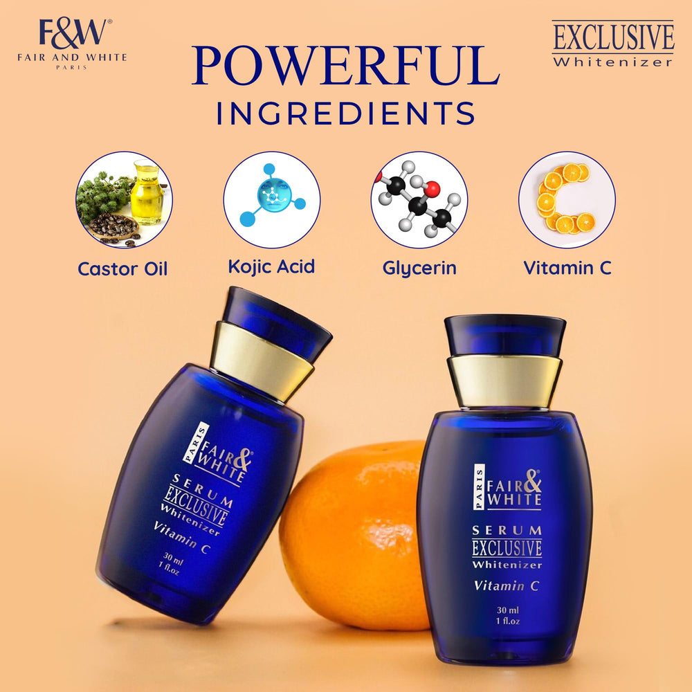 Fair & White Exclusive Vitamin C Serum dropper, easy precise application for targeted brightening.