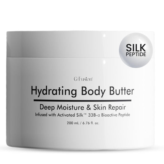 G-Fusion Hydrating Silk Peptide Body Butter jar delivers deep moisture for dry skin.