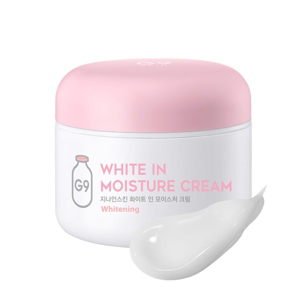 G9SKIN White In Moisture Cream bottle—milky pudding texture for lightweight hydration.