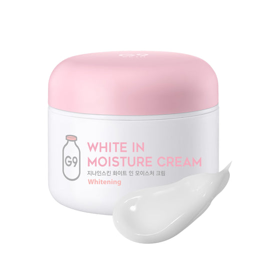 G9SKIN White In Moisture Cream bottle—milky pudding texture for lightweight hydration.