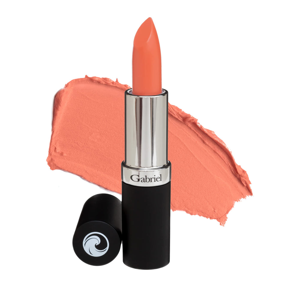 Gabriel Cosmetics Lipstick Salmon Warm Creme swatch shows rich color and hydration