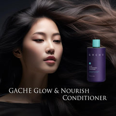 Gache Glow & Nourish conditioner label close-up highlights scalp care and clean ingredients.