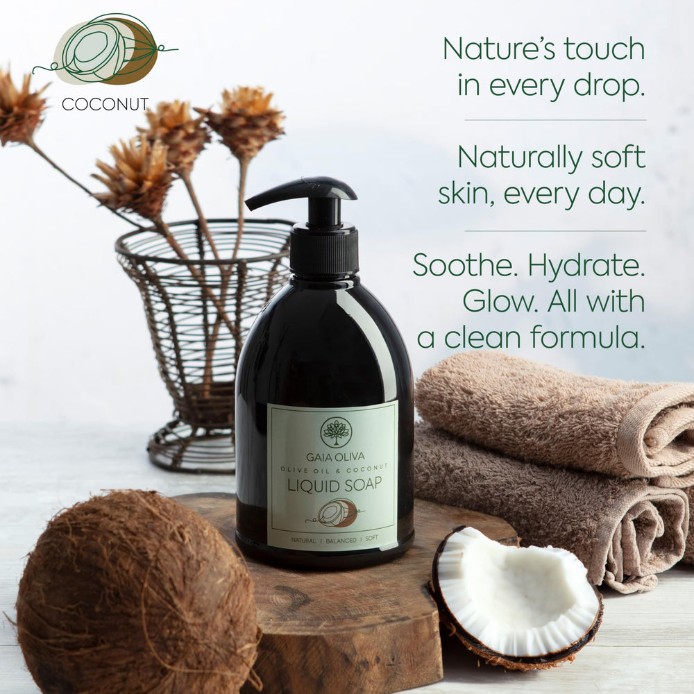 GAIA Oliva hand soap highlights coconut scent for a refreshing wash.