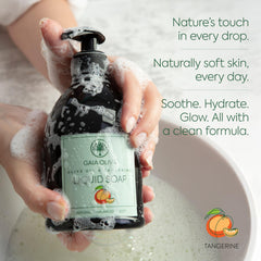 GAIA Oliva soap close-up showing rich foam and soft hands after use