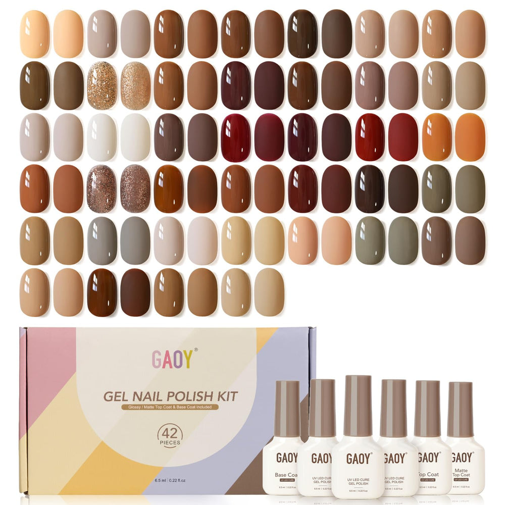 GAOY 42-piece gel polish kit swatch of fall brown-red glitter colors for stylish at-home manicures.