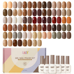 GAOY 42-piece gel polish kit swatch of fall brown-red glitter colors for stylish at-home manicures.
