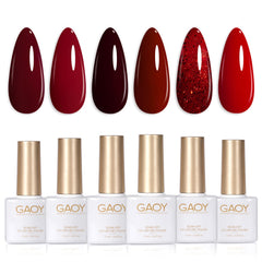 GAOY Burgundy Red gel nail polish set with six colors for at-home manicures.