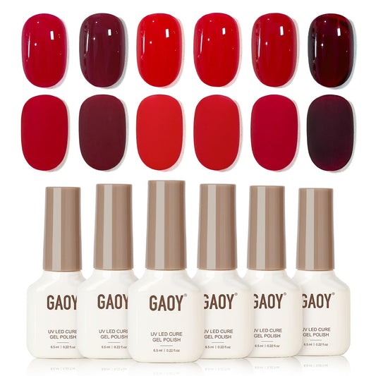 GAOY Festive Red gel polish pack shot with six color options for at-home manicures.