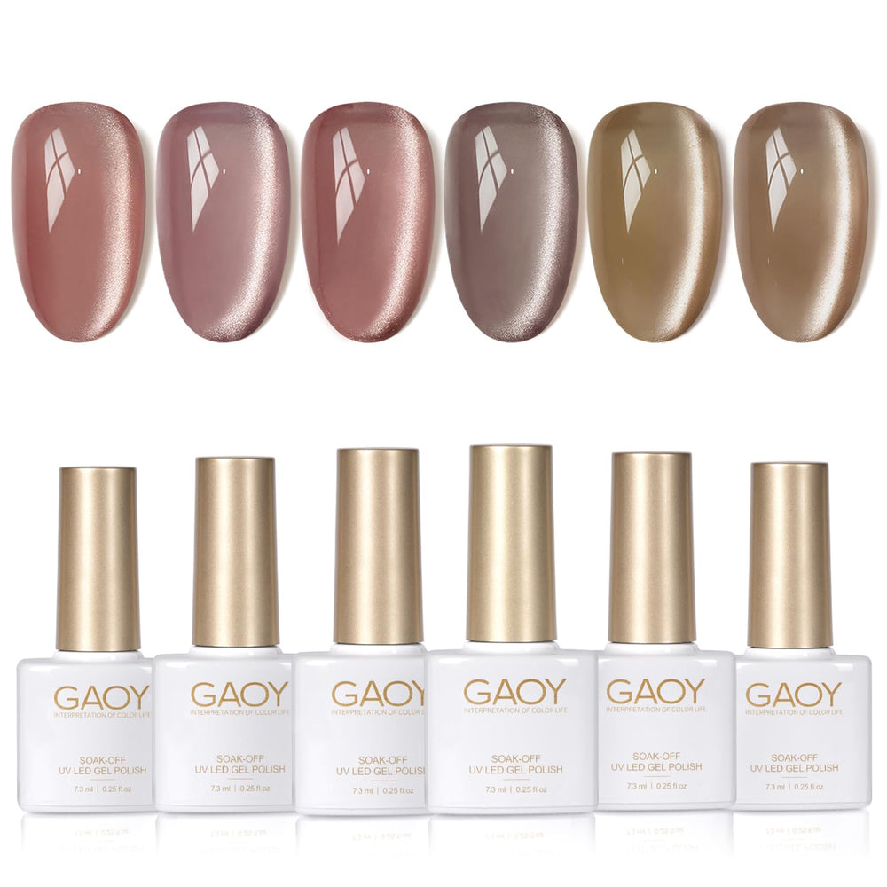 GAOY Forest Sunset Cat Eye Gel Nail Polish Set swatches for professional-looking home manicures.
